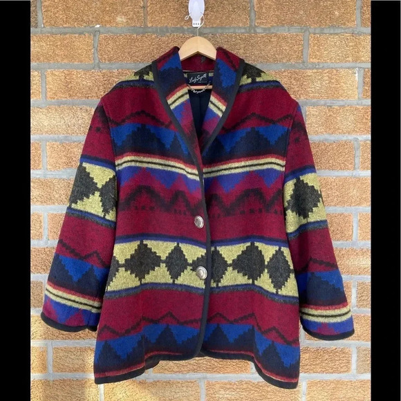 LADY SUZETTE Vintage Wool Dartmouth Fabric Southwestern Native Jacket Coat XL - Picture 1 of 10